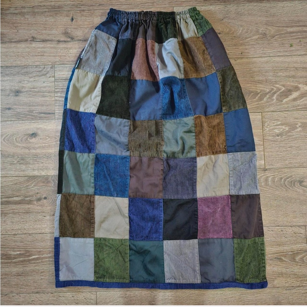 Ixchel 80's Vintage Patchwork Muted Color A-Line 
Guatemalan Corduroy Midi Skirt